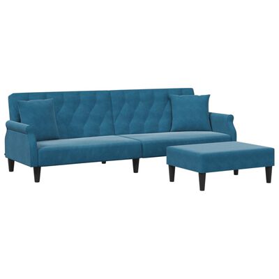 Schlafsofa 2-Sitzer mit Kissen und Fußhocker Blau Samt