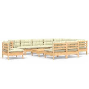 11-tlg. Garten-Lounge-Set mit Creme Kissen Massivholz Kiefer