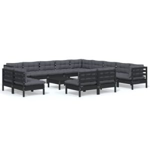 14-tlg. Garten-Lounge-Set mit Kissen Schwarz Massivholz Kiefer