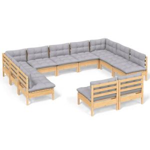 11-tlg. Garten-Lounge-Set mit Grauen Kissen Kiefer Massivholz