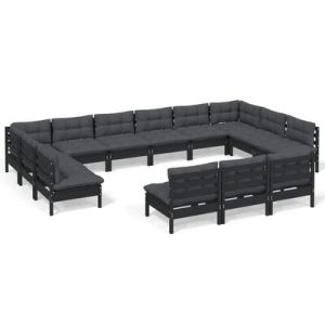 13-tlg. Garten-Lounge-Set mit Kissen Schwarz Kiefer Massivholz