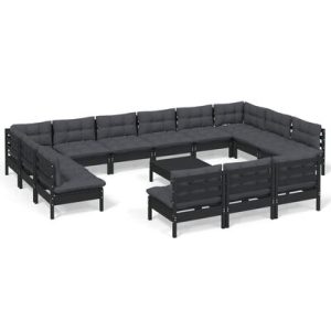 14-tlg. Garten-Lounge-Set mit Kissen Schwarz Massivholz Kiefer