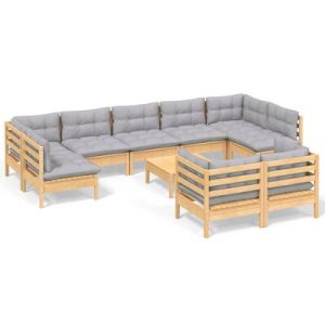 10-tlg. Garten-Lounge-Set mit Grauen Kissen Kiefer Massivholz