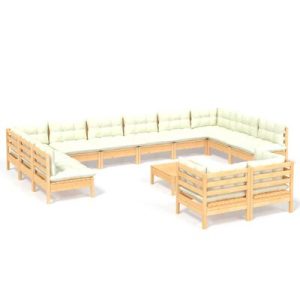 13-tlg. Garten-Lounge-Set mit Creme Kissen Kiefernholz