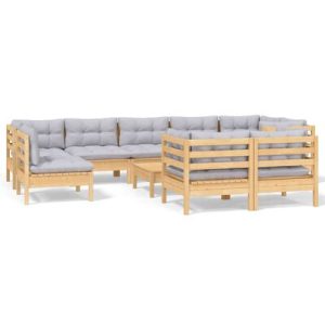 10-tlg. Garten-Lounge-Set mit Grauen Kissen Kiefer Massivholz