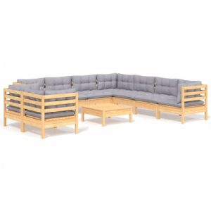 10-tlg. Garten-Lounge-Set mit Grauen Kissen Massivholz Kiefer