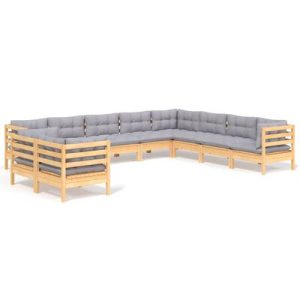 10-tlg. Garten-Lounge-Set mit Grauen Kissen Massivholz Kiefer